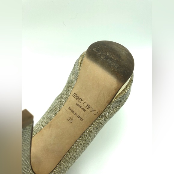 JIMMY CHOO Gold Tayten Glitter Lame Peep Toe Pumps - Picture 5 of 5